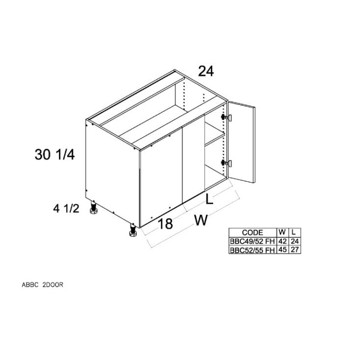 RTA Euro Grey 52" - 55" Full Height 2-Door Blind Base Corner Cabinet with 2 Finished End Panels