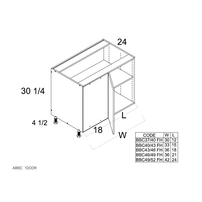 RTA Euro White Grain 40" - 43" Full Height Door Blind Base Corner Cabinet with 1 Finished End Panel