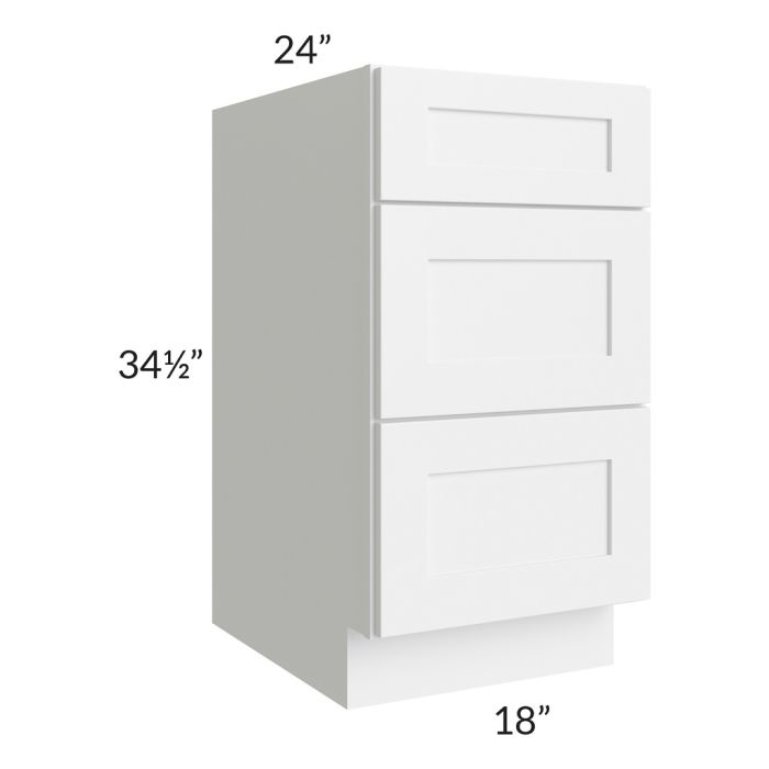 RTA Frosted White Shaker 18" 3-Drawer Base Cabinet with 1 Decorative End Panel
