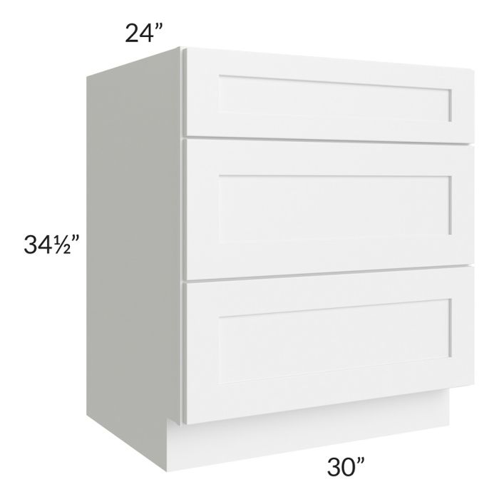 RTA Frosted White Shaker 30" 3-Drawer Base Cabinet with 1 Decorative End Panel