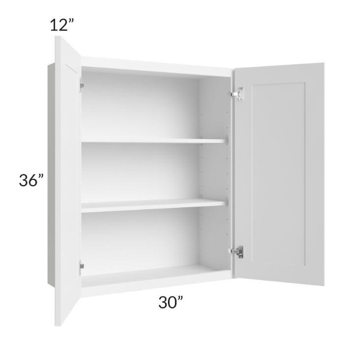 RTA Frosted White Shaker 30" x 36" Wall Cabinet with 2 Decorative End Panels and Glass Door