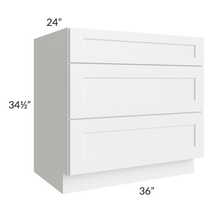 RTA Frosted White Shaker 36" 3-Drawer Base Cabinet with 2 Decorative End Panels