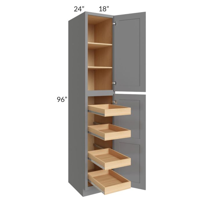 RTA Graphite Grey Shaker 18" x 96" x 24" Wall Pantry Cabinet with 4 Rollout Trays and 1 Decorative End Panel