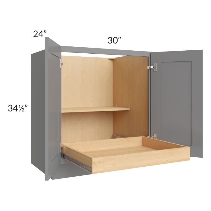RTA Graphite Grey Shaker 30" Full Height Base Cabinet with 1 Rollout Tray and 2 Decorative End Panels