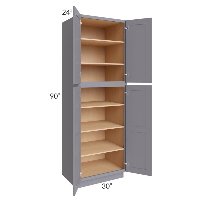 RTA Graphite Grey Shaker 30" x 90" x 24" Wall Pantry Cabinet with 2 Decorative End Panels and 2 Roll Out Trays