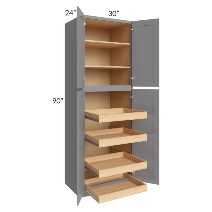RTA Graphite Grey Shaker 30" x 90" x 24" Wall Pantry Cabinet with 4 Rollout Trays and 2 Decorative End Panels