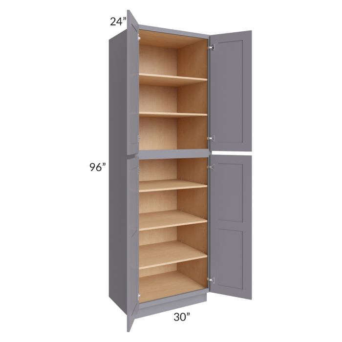 RTA Graphite Grey Shaker 30" x 96" x 24" Wall Pantry Cabinet with 2 Decorative End Panels and 2 Roll Out Trays