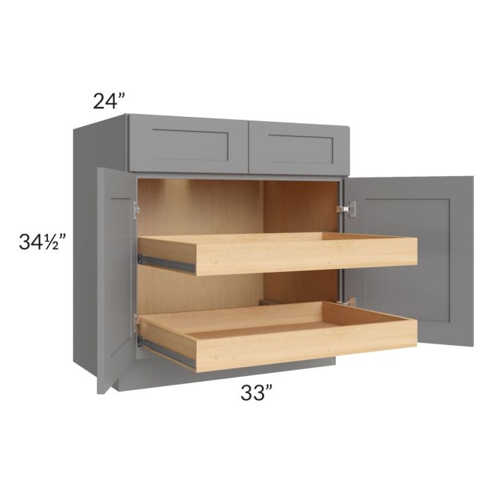 RTA Graphite Grey Shaker 33" Base Cabinet with 2 Rollout Trays and 2 Decorative End Panels