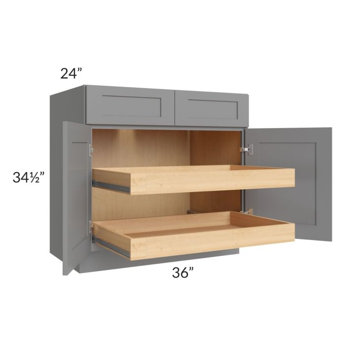 RTA Graphite Grey Shaker 36" Base Cabinet with 2 Rollout Trays and 2 Decorative End Panels