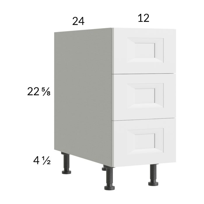 RTA Harbor White 12" 3-Drawer Desk Base Cabinet with 1 Finished End Panel