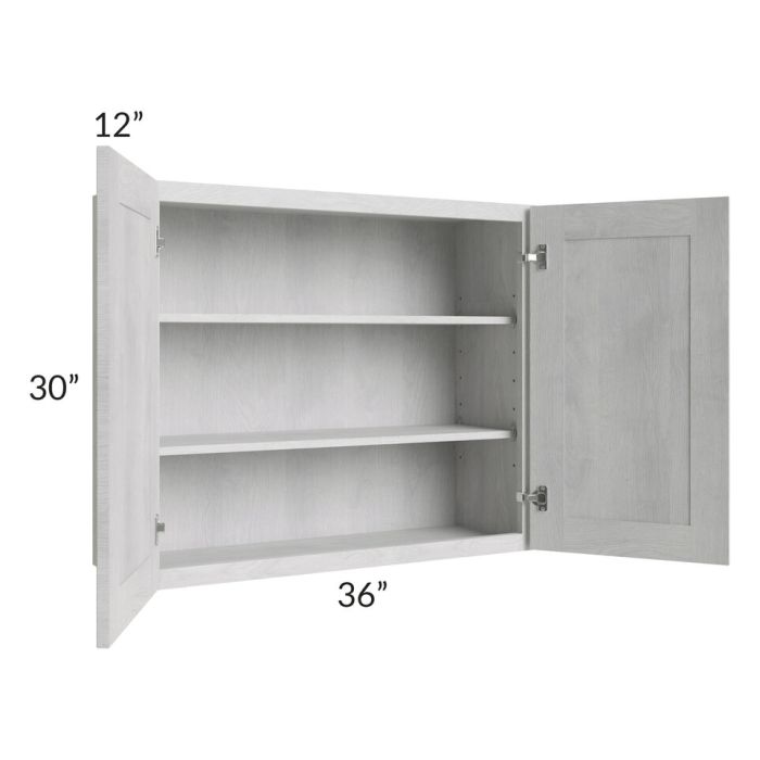 RTA Heather Grey Shaker 36" x 30" Wall Cabinet with 2 Decorative End Panels and Glass Door