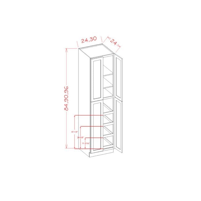 RTA Lakewood White 24" x 90" x 24" Wall Pantry Cabinet with 4 Rollout Trays and 1 Decorative End Panel