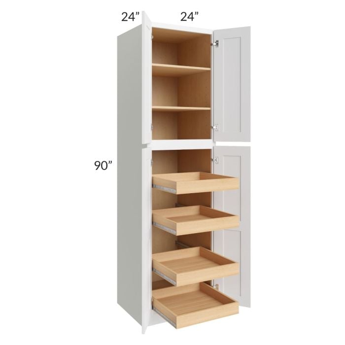 RTA Lakewood White 24" x 90" x 24" Wall Pantry Cabinet with 4 Rollout Trays and 1 Decorative End Panel