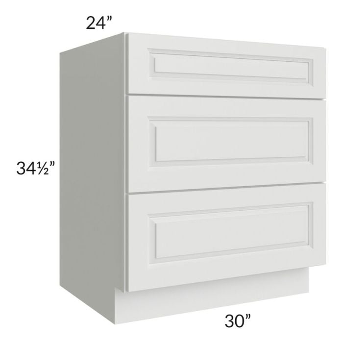 RTA Lakewood White 30" 3-Drawer Base Cabinet with 1 Decorative End Panel