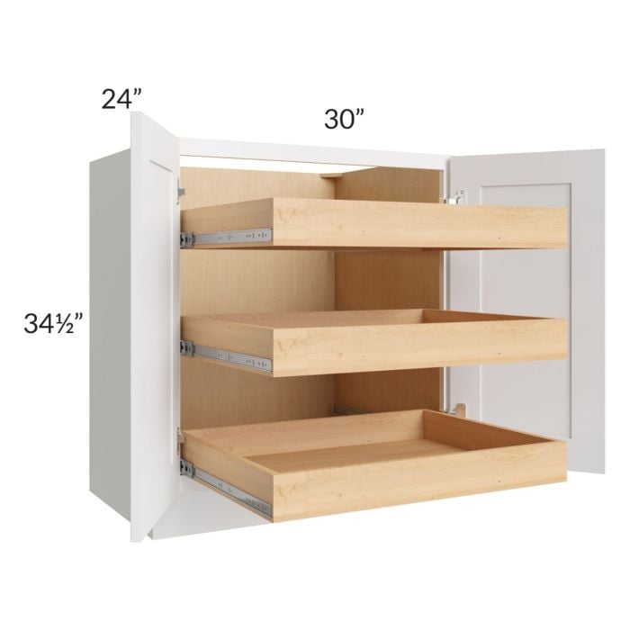 RTA Lakewood White 30" Full Height Base Cabinet with 3 Rollout Trays and 2 Decorative End Panels