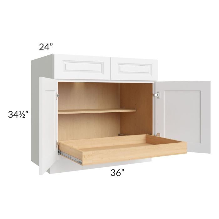 RTA Lakewood White 36" Base Cabinet with 1 Rollout Tray and 2 Decorative End Panel s