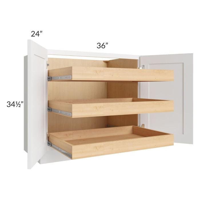 RTA Lakewood White 36" Full Height Base Cabinet with 3 Rollout Trays and 2 Decorative End Panels