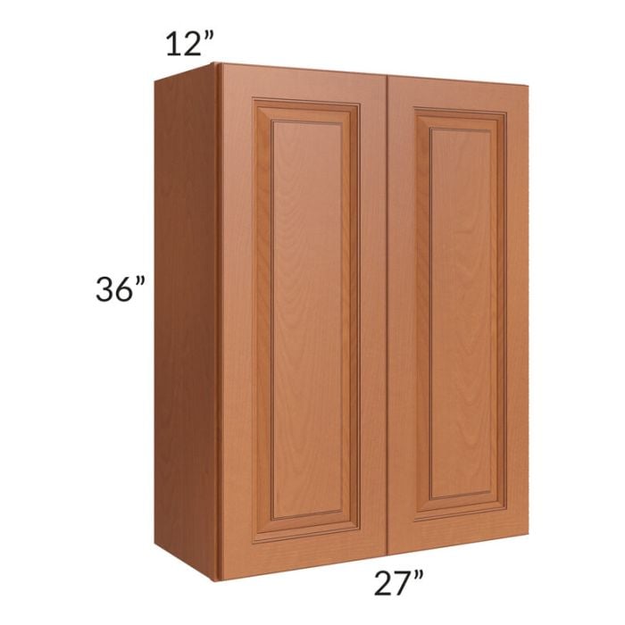 RTA Lexington Cinnamon Glaze 27" x 36" Wall Cabinet with 2 Decorative End Panels and Mullion Glass Door