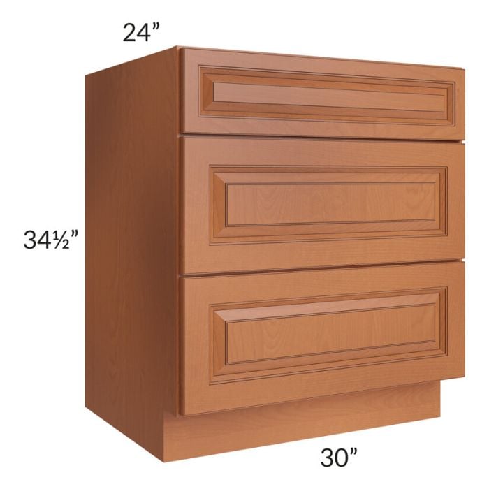 RTA Lexington Cinnamon Glaze 30" 3-Drawer Base Cabinet with 1 Decorative End Panel