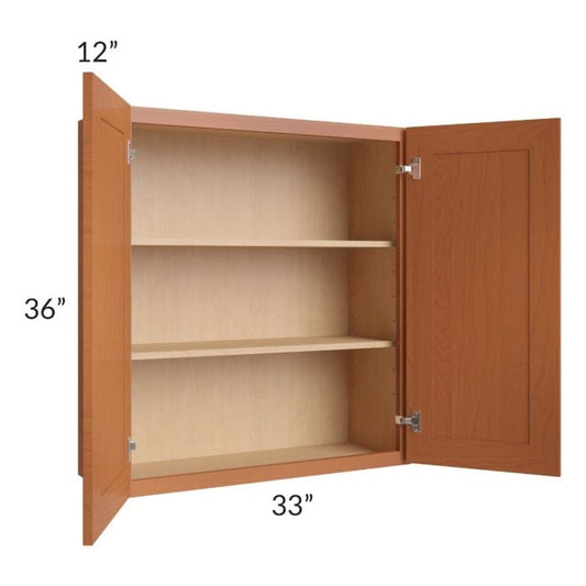 RTA Lexington Cinnamon Glaze 33" x 36" Wall Cabinet with 2 Decorative End Panels and Mullion Glass Door
