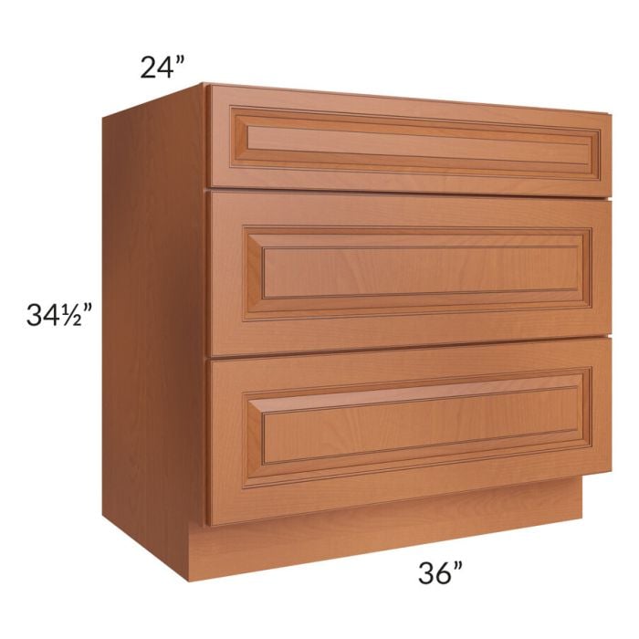 RTA Lexington Cinnamon Glaze 36" 3-Drawer Base Cabinet with 2 Decorative End Panels