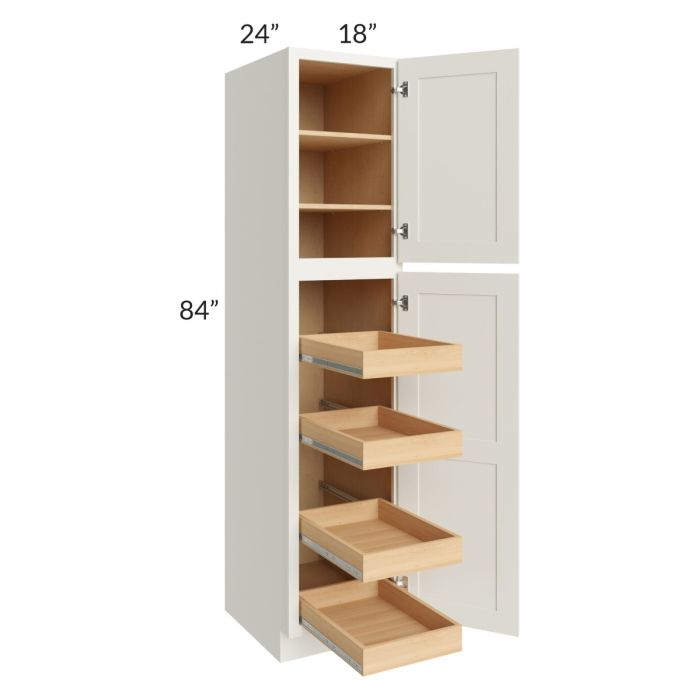 RTA Linen Shaker 18" x 84" x 24" Wall Pantry Cabinet with 4 Rollout Trays and 1 Decorative End Panel