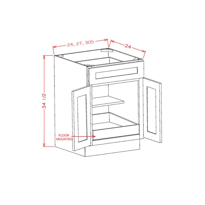 RTA Linen Shaker 27" Base Cabinet with 1 Rollout Tray and 2 Decorative End Panels