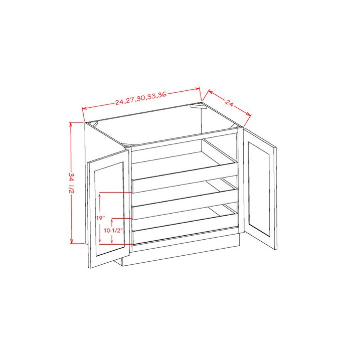 RTA Linen Shaker 36" Full Height Base Cabinet with 3 Rollout Trays
