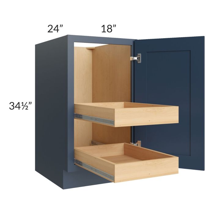 RTA Madison Navy Shaker 18" Full Height Door Base Cabinet with 2 Rollout Trays