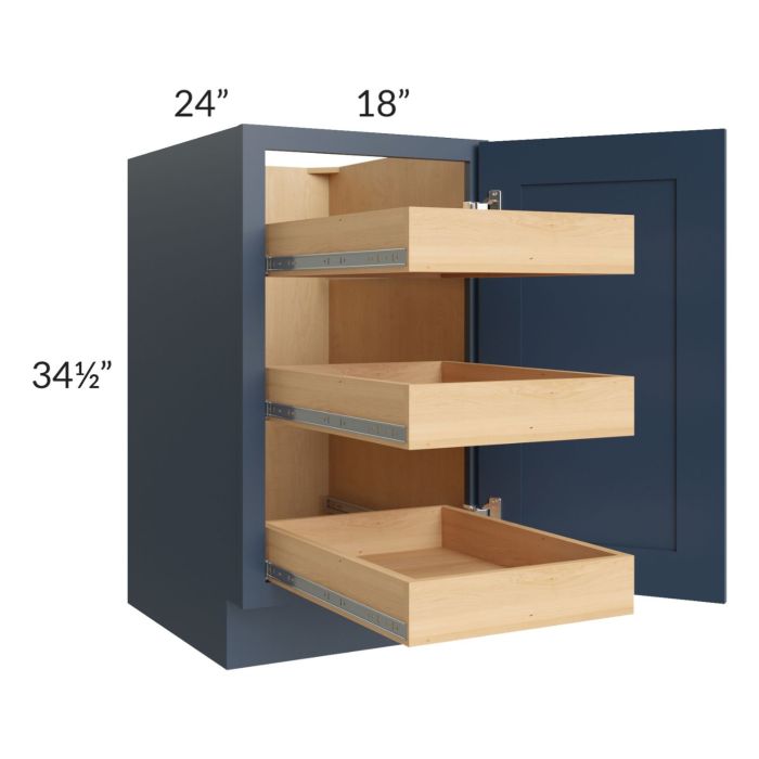 RTA Madison Navy Shaker 18" Full Height Door Base Cabinet with 3 Rollout Trays and 2 Decorative End Panels