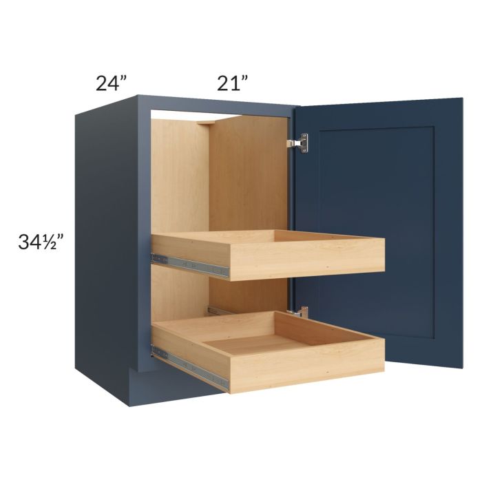 RTA Madison Navy Shaker 21" Full Height Door Base Cabinet with 2 Rollout Trays and 2 Decorative End Panels