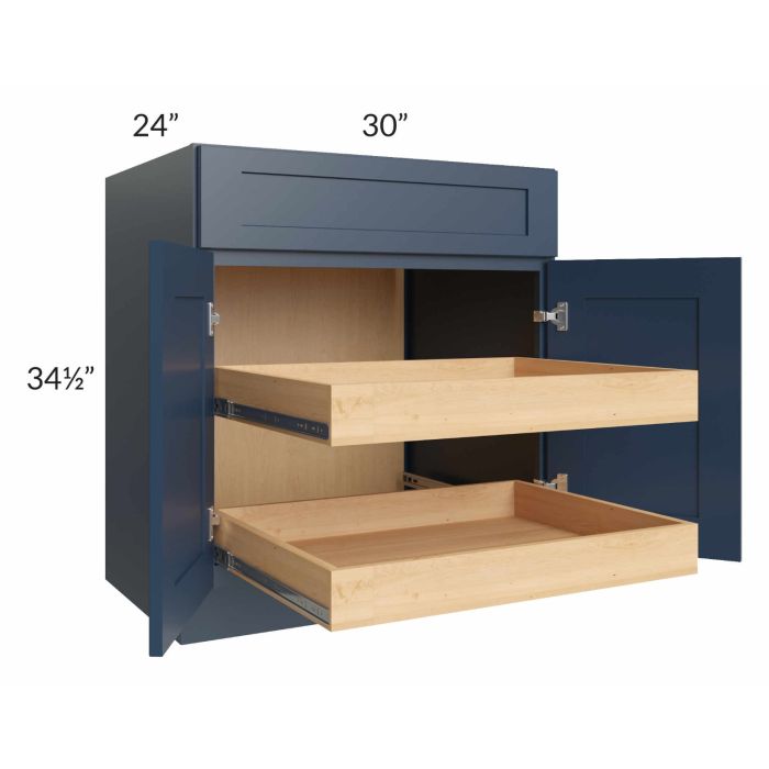 RTA Madison Navy Shaker 30" Base Cabinet with 2 Rollout Trays and 1 Decorative End Panel