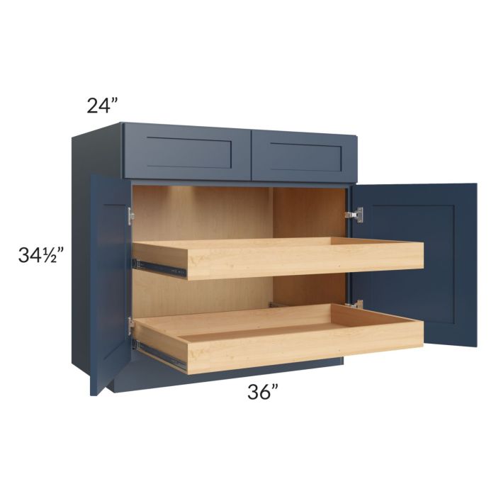 RTA Madison Navy Shaker 36" Base Cabinet with 2 Rollout Trays and 1 Decorative End Panel
