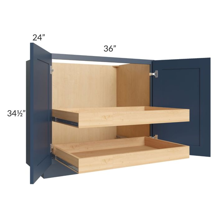 RTA Madison Navy Shaker 36" Full Height Base Cabinet with 2 Rollout Trays and 1 Decorative End Panel