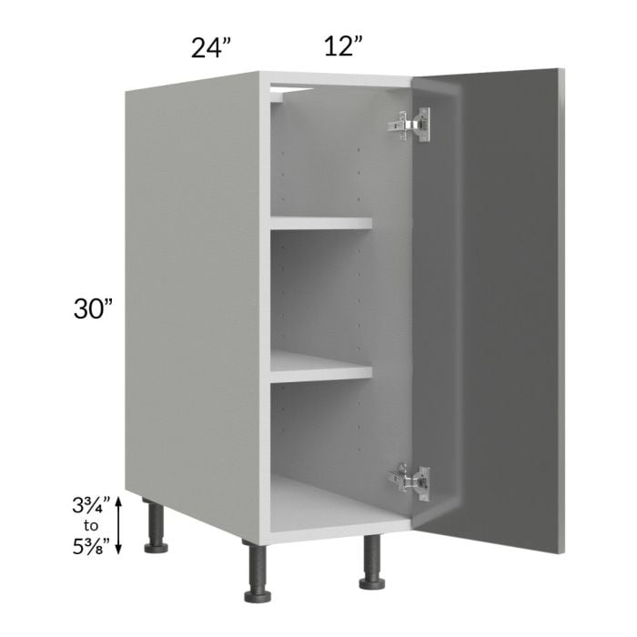 RTA Milan Grey Gloss 12" Full Height Door Base Cabinet-Left Hinged with 2 Finished Sides and Spice Pull-Out