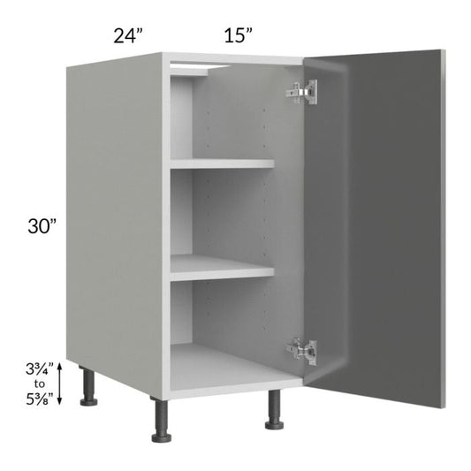 RTA Milan Grey Gloss 15" Full Height Door Base Cabinet-Left Hinged with 1 Finished Side and 1 Roll Out Tray