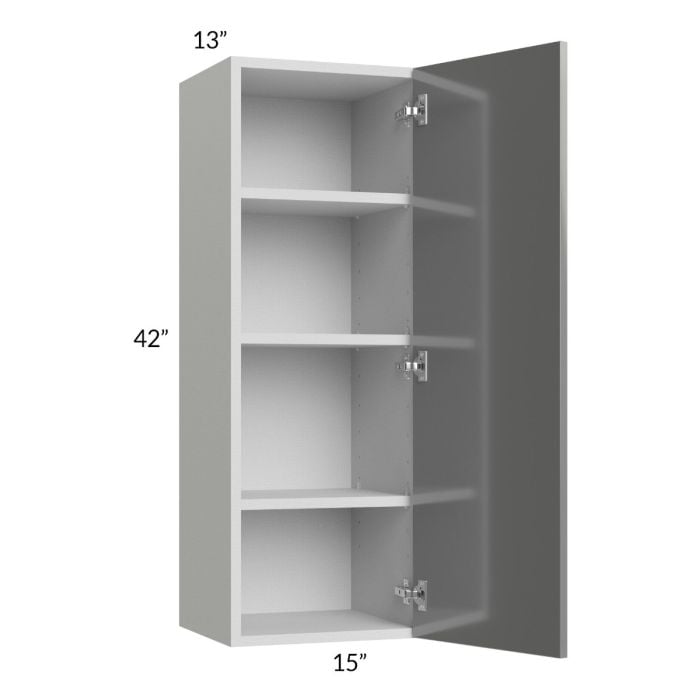 RTA Milan Grey Gloss 15" x 42" Wall Cabinet-Left Hinged with 1 Finished Side