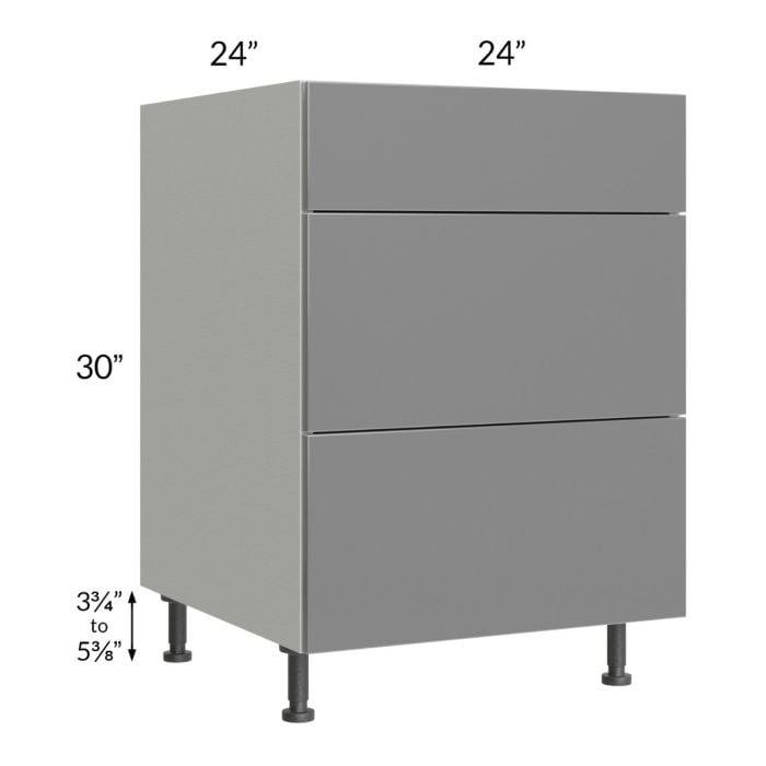 RTA Milan Grey Gloss 24" 3-Drawer Base Cabinet with 2 Finished Sides