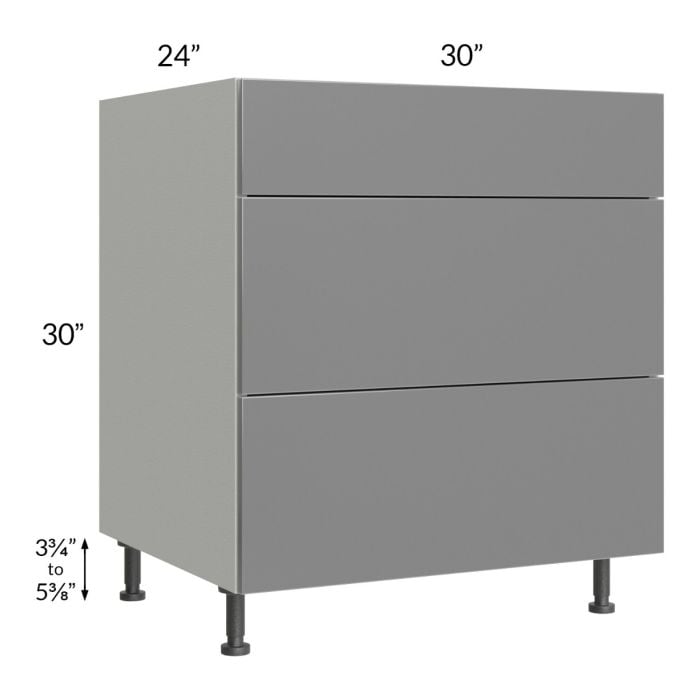 RTA Milan Grey Gloss 30" 3-Drawer Base Cabinet with 2 Finished Sides