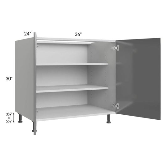 RTA Milan Grey Gloss 36" Full Height Door Base Cabinet with 1 Finished Side and 1 Roll Out Tray