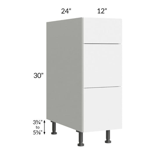 RTA Milan White Gloss 12" 3-Drawer Base Cabinet with 1 Finished Side