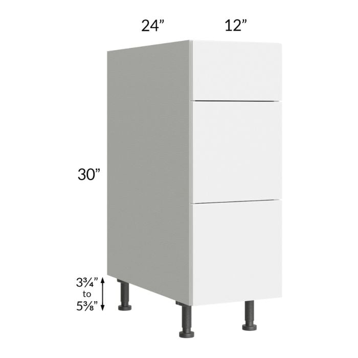 RTA Milan White Gloss 12" 3-Drawer Base Cabinet with 2 Finished Sides