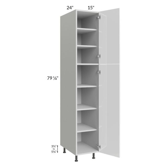 RTA Milan White Gloss 15" x 24" x 84" Pantry Cabinet (24" depth)-Left Hinged with 2 Finished Sides and 3 Roll Out Trays