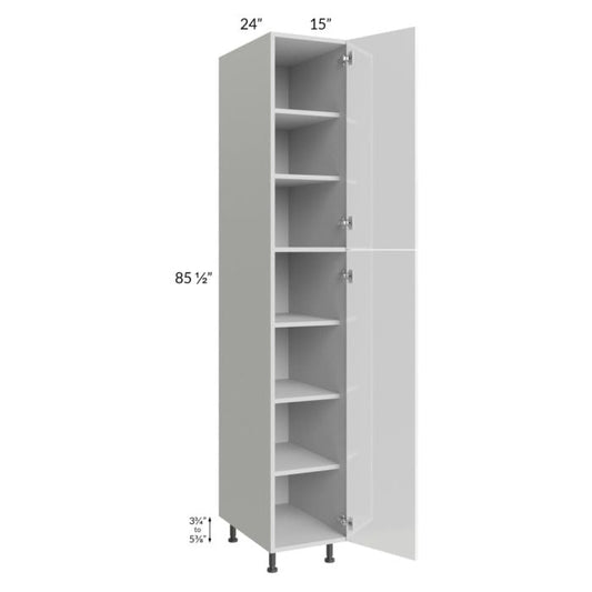 RTA Milan White Gloss 15" x 24" x 90" Pantry Cabinet (24" depth)-Left Hinged with 2 Finished Sides and 3 Roll Out Trays