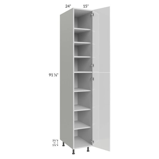 RTA Milan White Gloss 15" x 24" x 96" Pantry Cabinet (24" depth)-Left Hinged with 1 Finished Side and 4 Roll Out Trays