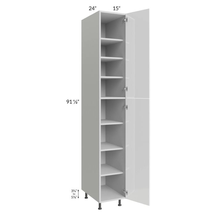 RTA Milan White Gloss 15" x 24" x 96" Pantry Cabinet (24" depth)-Left Hinged with 3 Roll Out Trays