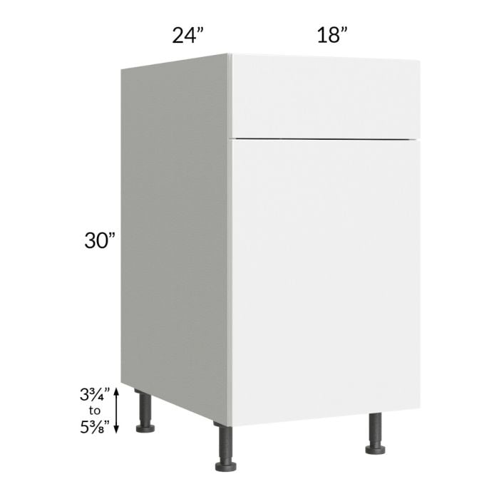RTA Milan White Gloss 18" Base Cabinet-Left Hinged with 1 Finished Side and 2 Roll Out Trays