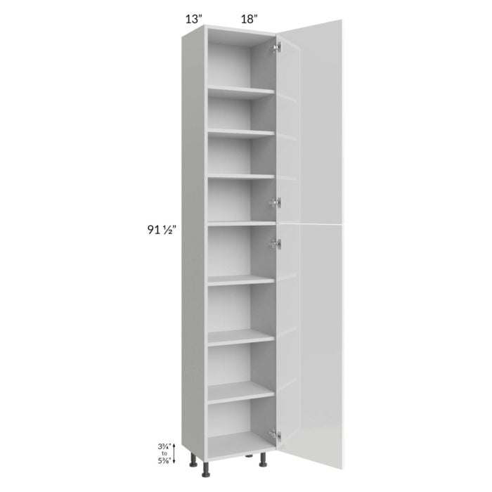 RTA Milan White Gloss 18" x 13" x 96" Pantry Cabinet (13" depth)-Left Hinged with 1 Finished Side