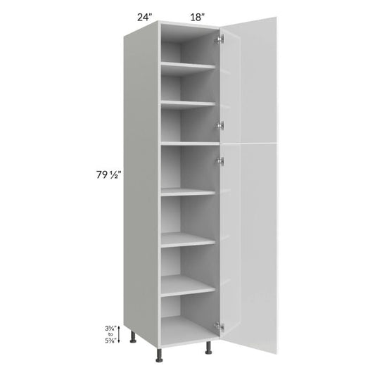 RTA Milan White Gloss 18" x 24" x 84" Pantry Cabinet (24" depth)-Left Hinged with 1 Finished Side and 1 Roll Out Tray