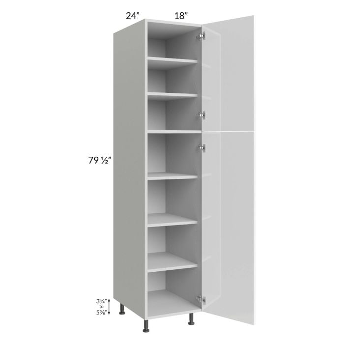 RTA Milan White Gloss 18" x 24" x 84" Pantry Cabinet (24" depth)-Right Hinged with 2 Finished Sides and 4 Roll Out Trays